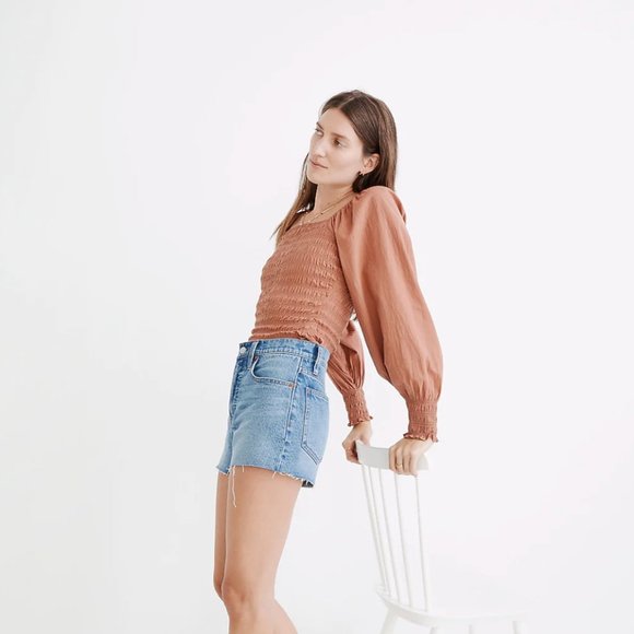 Madewell Lucie Bubble-Sleeve Smocked Top in Warm Umber Rust - Picture 6 of 7